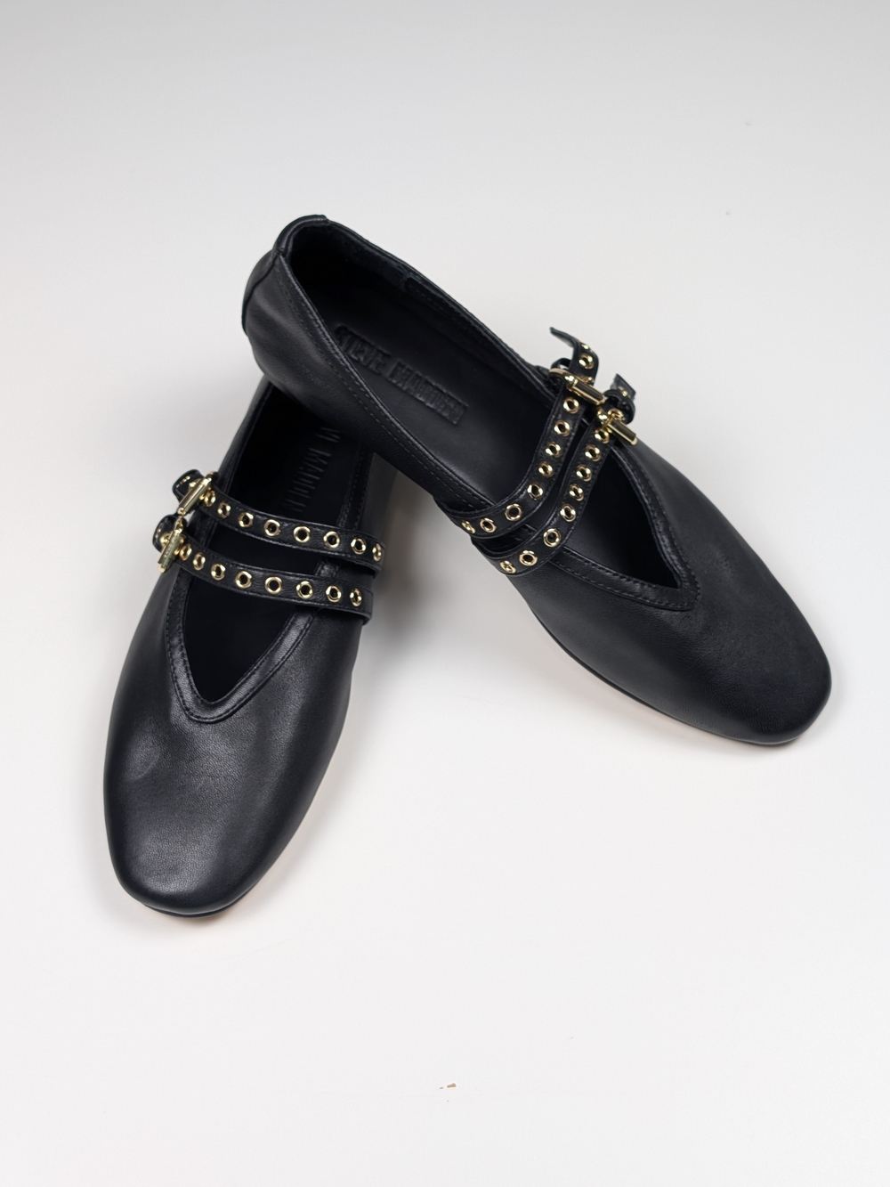 Steve Madden Lydia Black Leather Grommet Double Strap Mary Jane Flats Women 6M